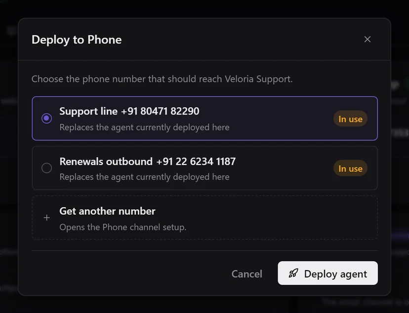 The Deploy to Phone dialog listing Veloria's phone numbers with Available and In use badges, one selected