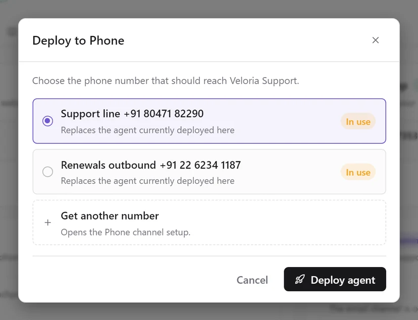 The Deploy to Phone dialog listing Veloria's phone numbers with Available and In use badges, one selected