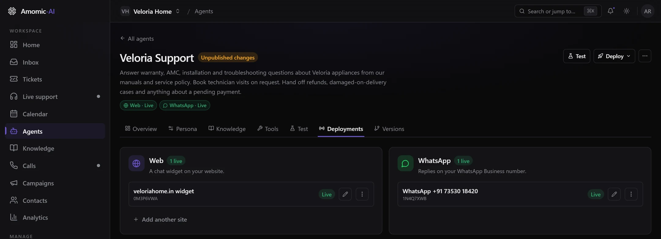The Deployments tab of Veloria Support: the Web tile with the veloriahome.in widget Live, and the WhatsApp tile with +91 73530 18420 Live