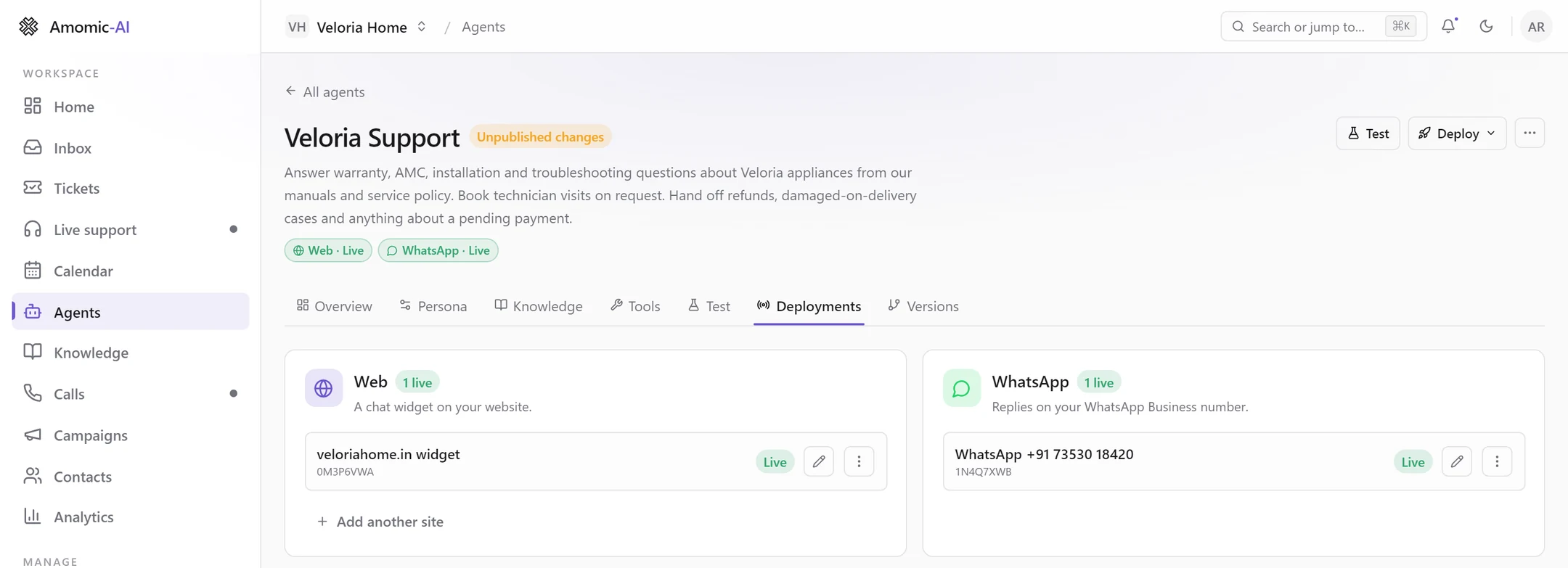The Deployments tab of Veloria Support: the Web tile with the veloriahome.in widget Live, and the WhatsApp tile with +91 73530 18420 Live