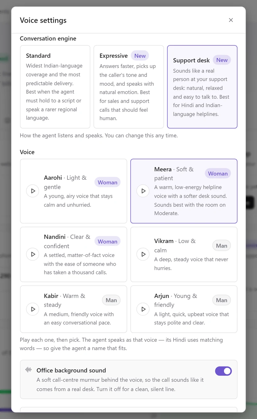 The Voice settings dialog scrolled to Conversation engine, with Support desk selected and its voices listed