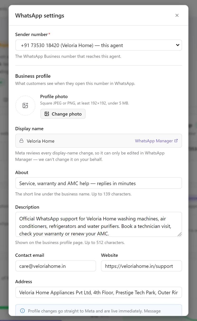 The WhatsApp settings dialog with the Sender number and the Business profile: photo, display name, About, Description, contact email, website and address