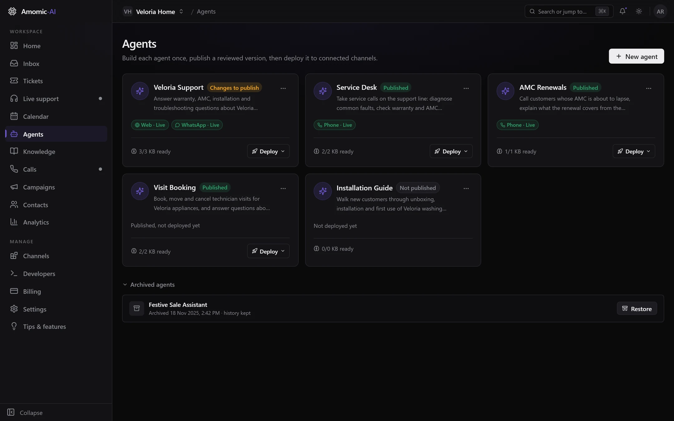 The Agents page with five agent cards showing their publication badges, channel chips and knowledge counts, and the Archived agents section expanded