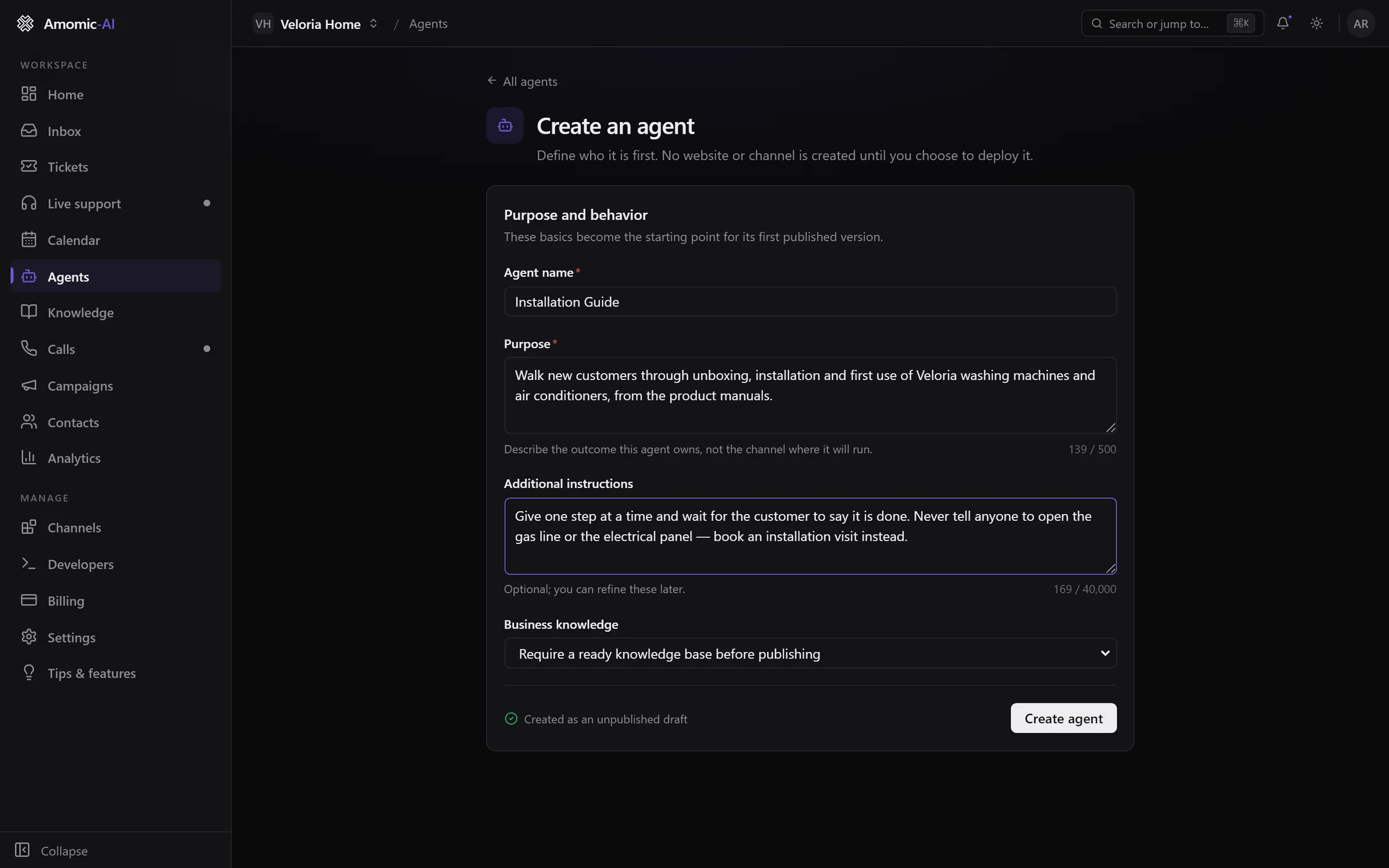 The Create an agent form with Agent name, Purpose, Additional instructions and Business knowledge filled in