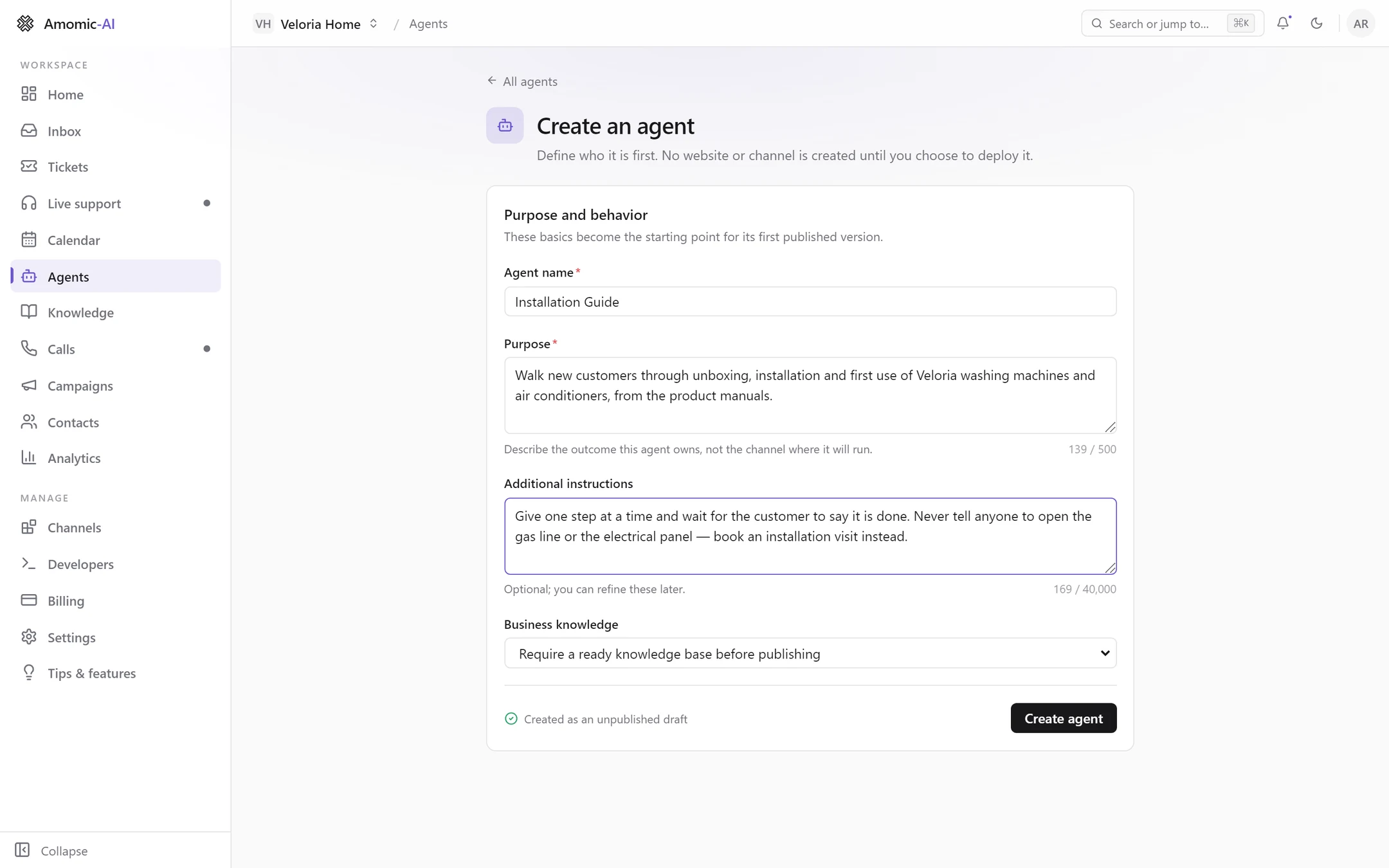 The Create an agent form with Agent name, Purpose, Additional instructions and Business knowledge filled in