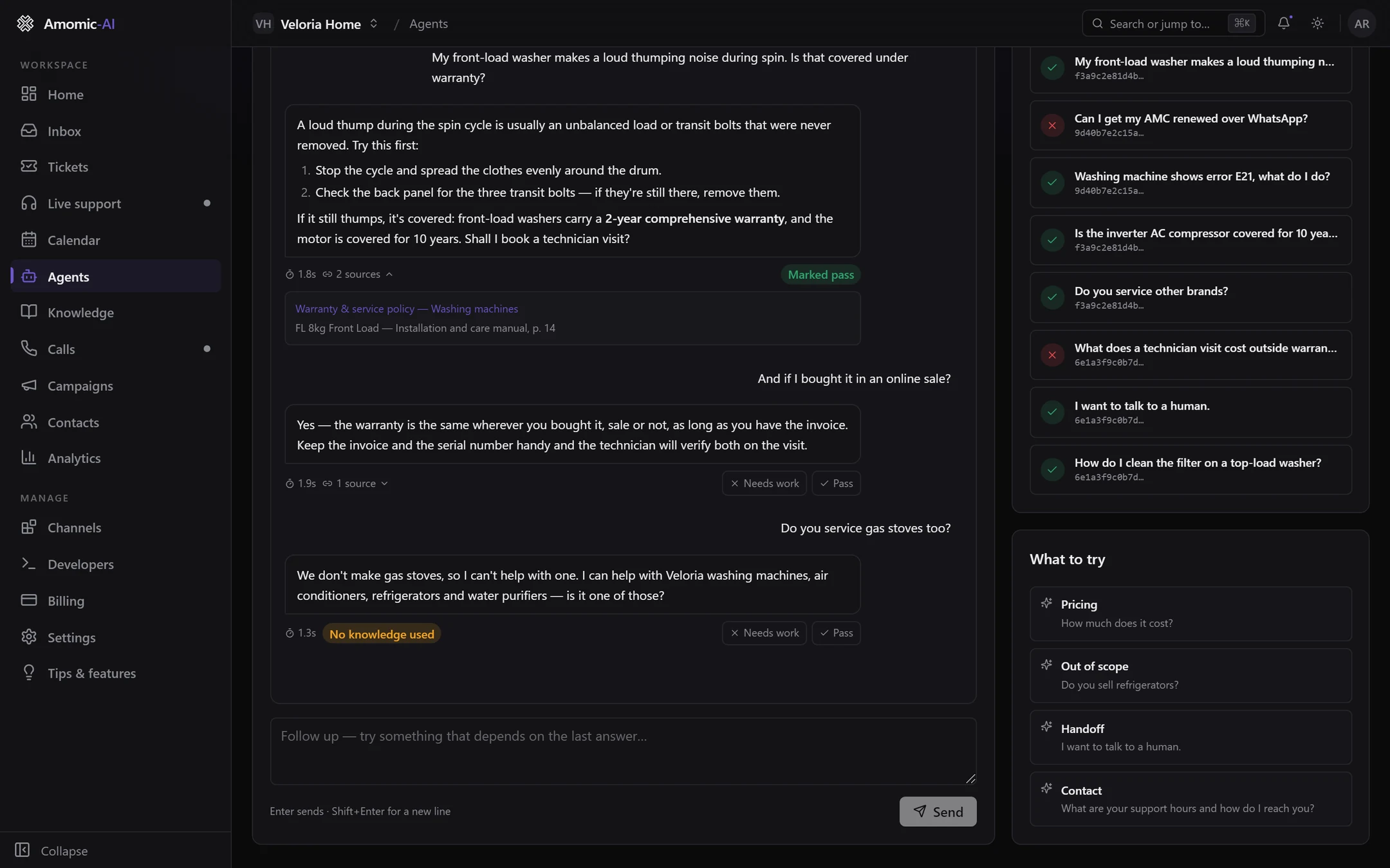 The Test tab with a threaded conversation: answers showing their sources, one marked pass, and an out-of-scope question showing No knowledge used