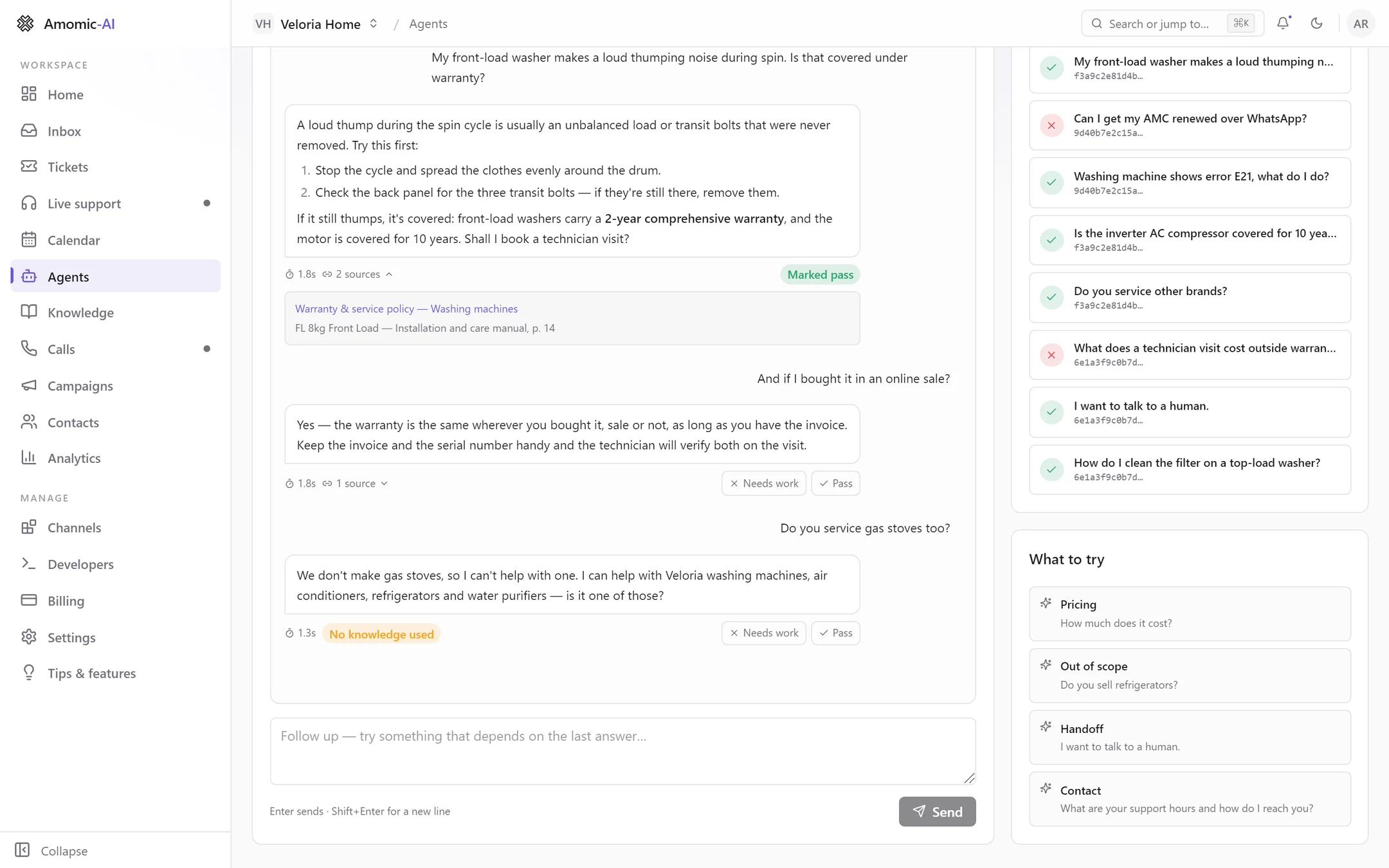 The Test tab with a threaded conversation: answers showing their sources, one marked pass, and an out-of-scope question showing No knowledge used