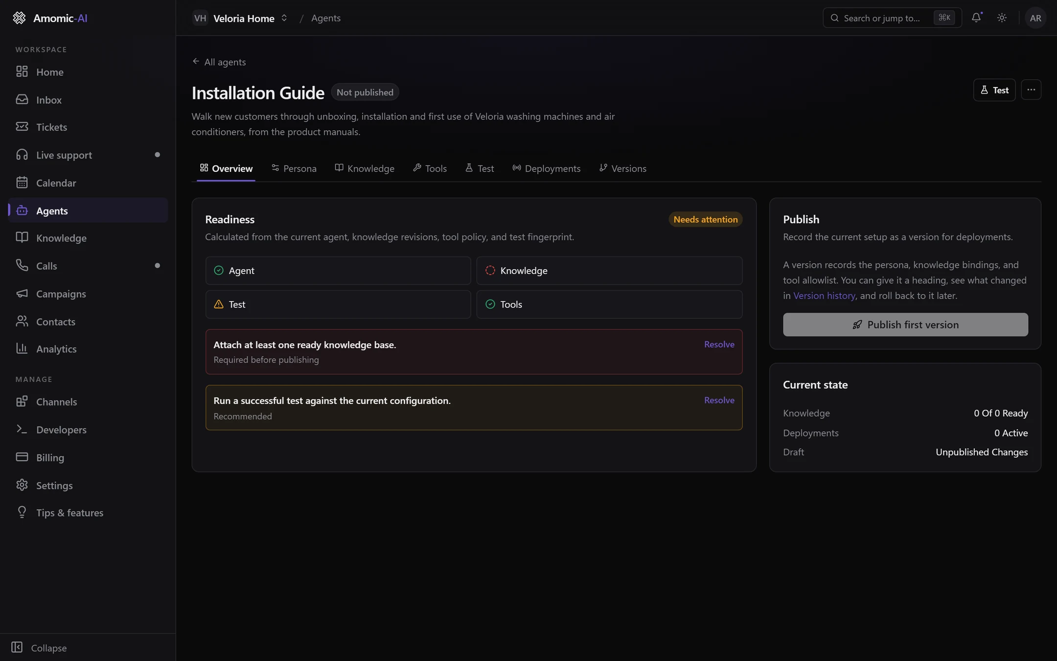 The Overview tab of an unpublished agent: Readiness shows Needs attention, with a required knowledge item and a recommended test item, and Publish first version is disabled