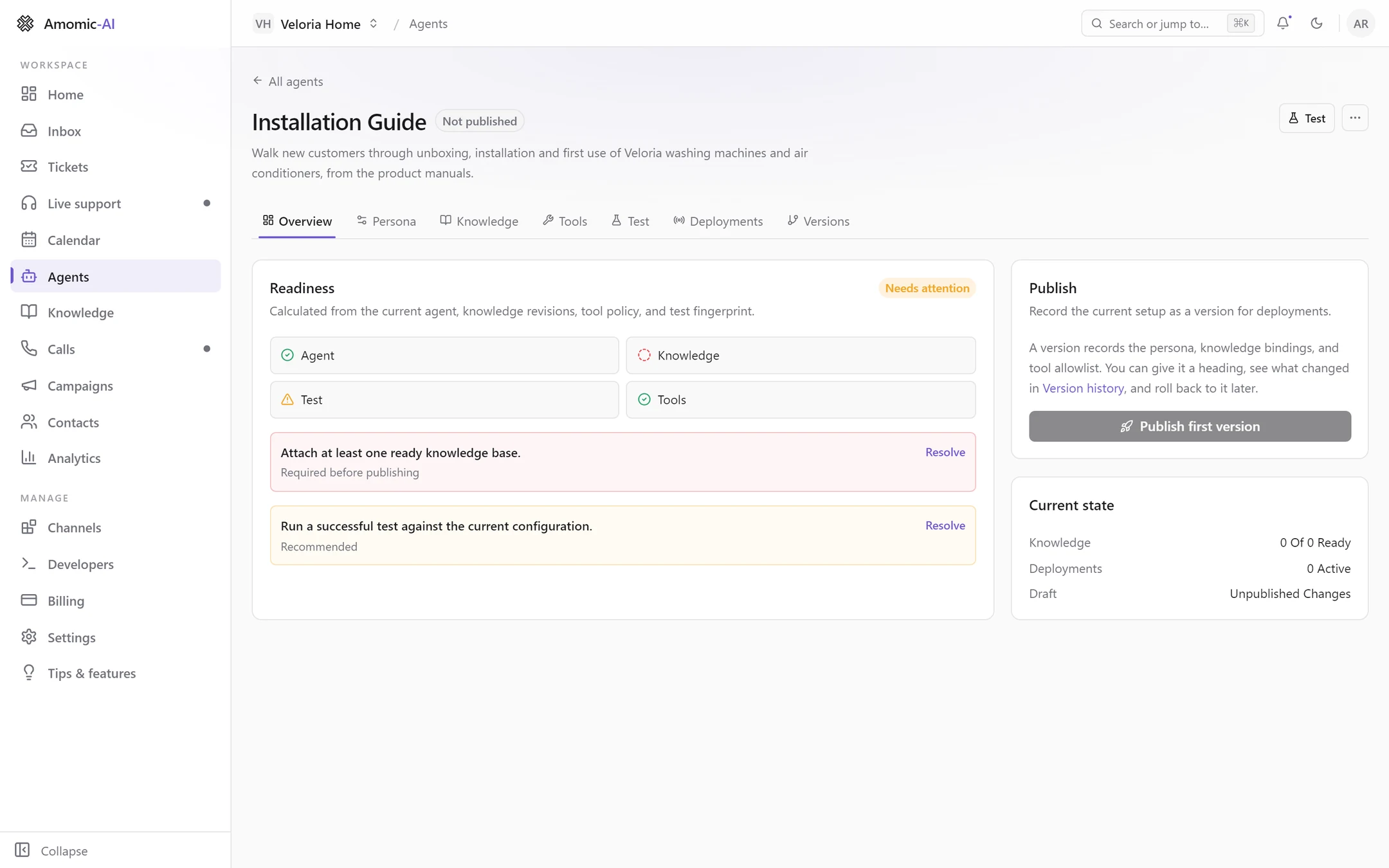 The Overview tab of an unpublished agent: Readiness shows Needs attention, with a required knowledge item and a recommended test item, and Publish first version is disabled