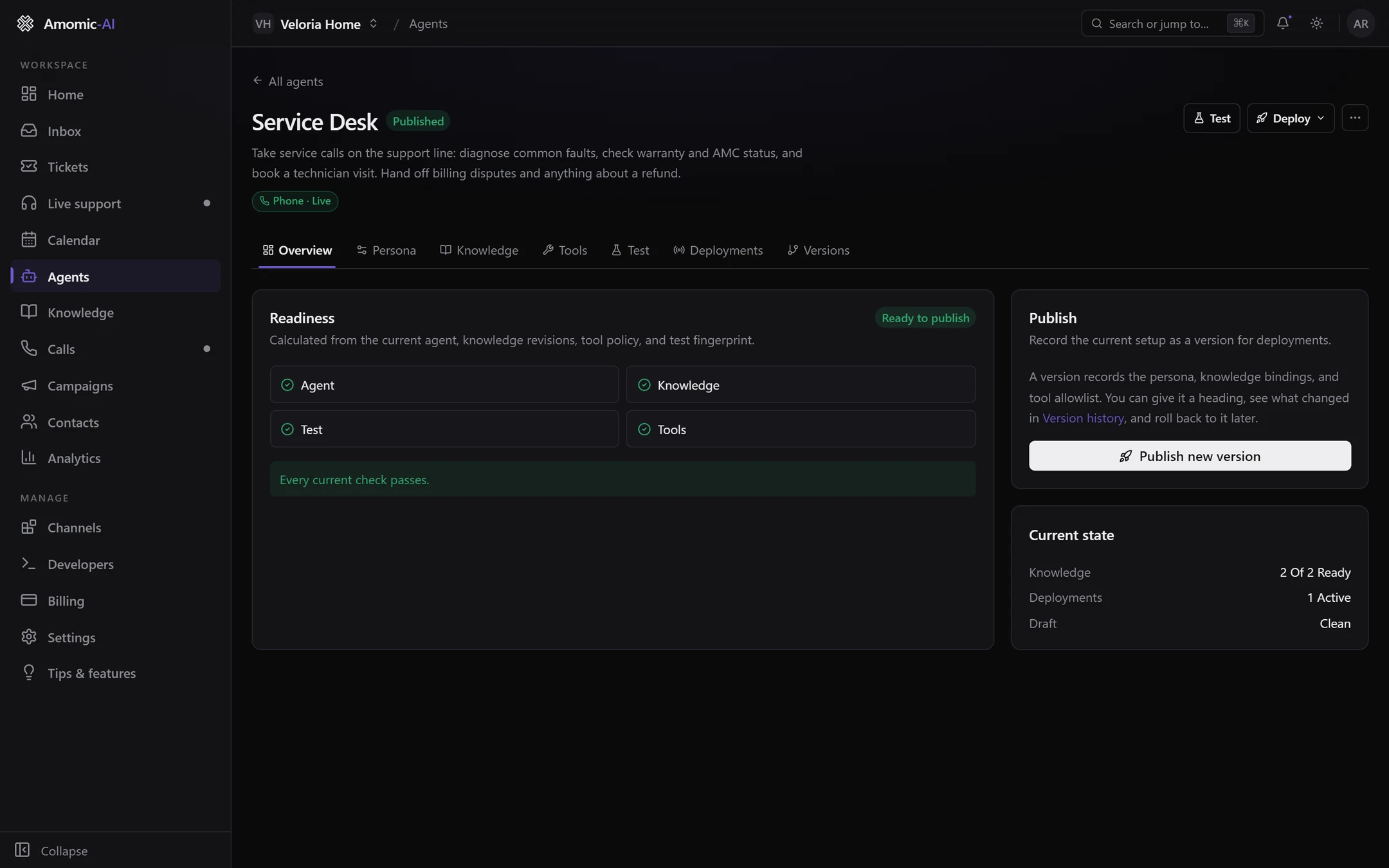 The Overview tab of a published agent: Readiness shows Ready to publish and Every current check passes, beside the Publish card and Current state
