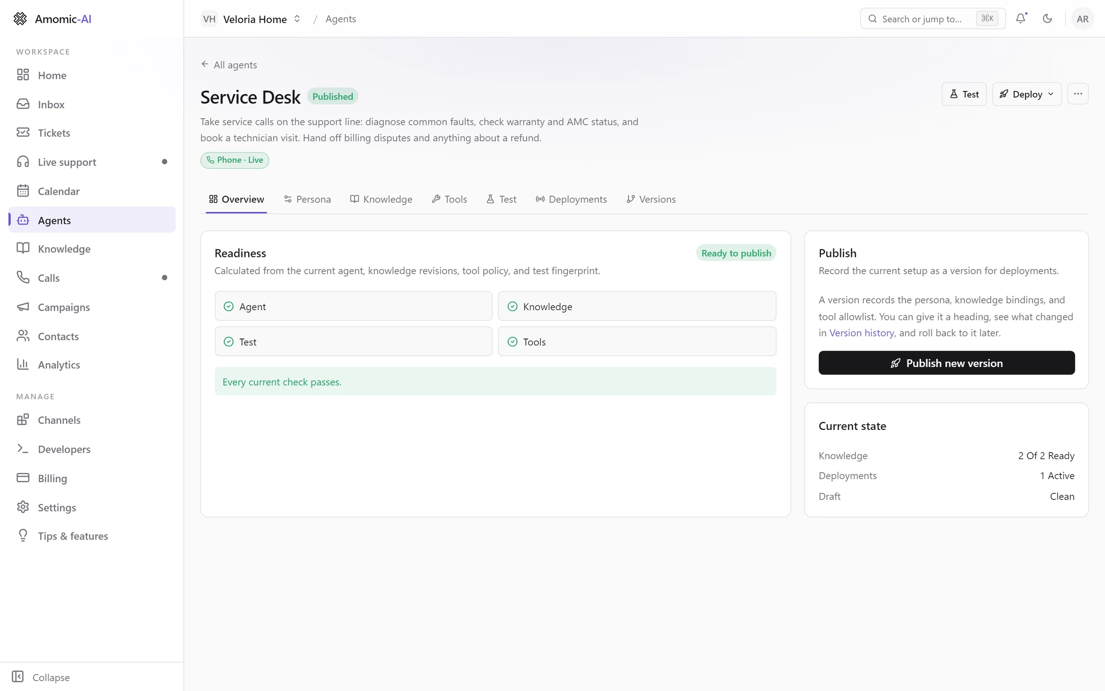 The Overview tab of a published agent: Readiness shows Ready to publish and Every current check passes, beside the Publish card and Current state