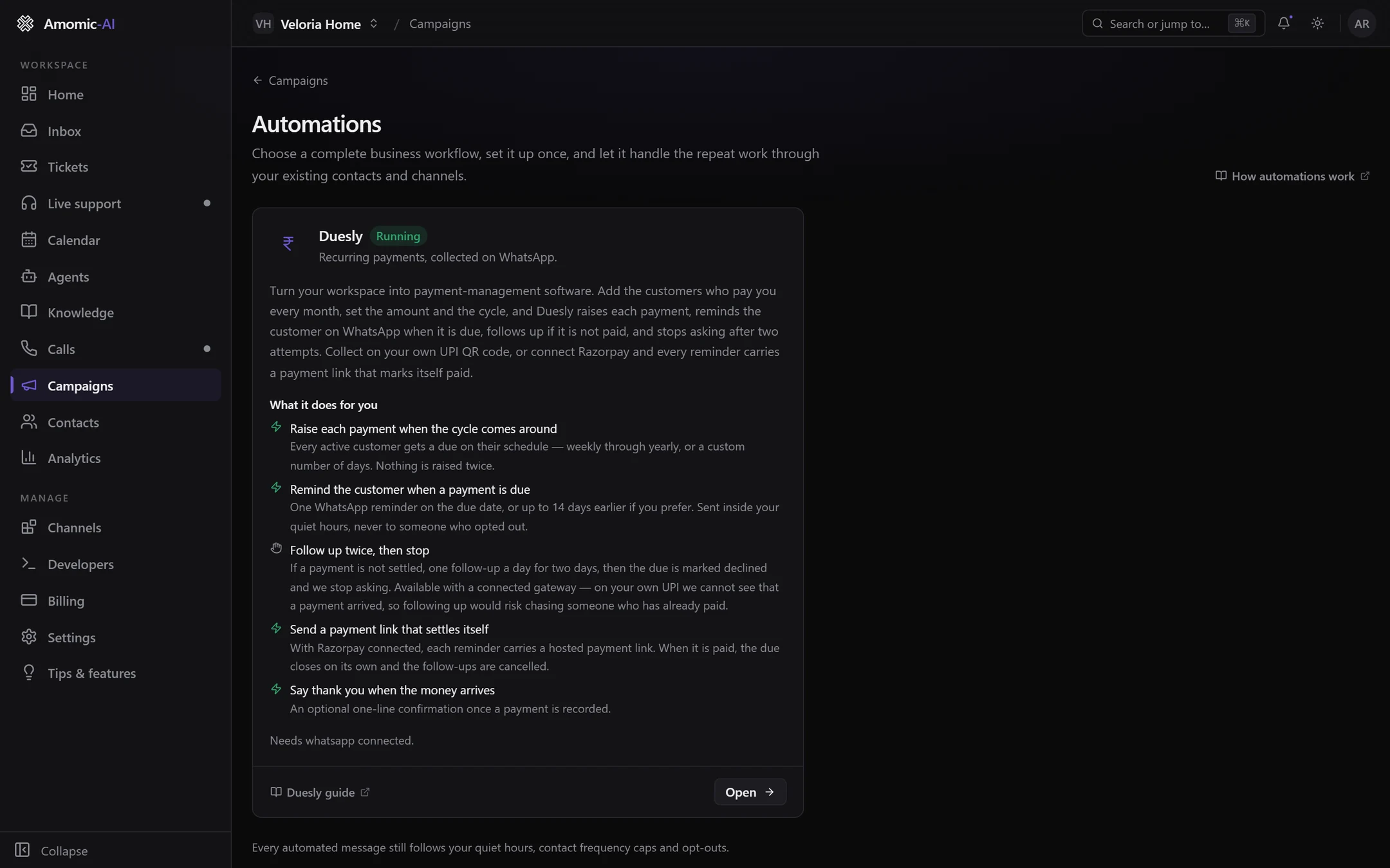 The Automations page listing Duesly as Running, with what it does for you and Needs whatsapp connected