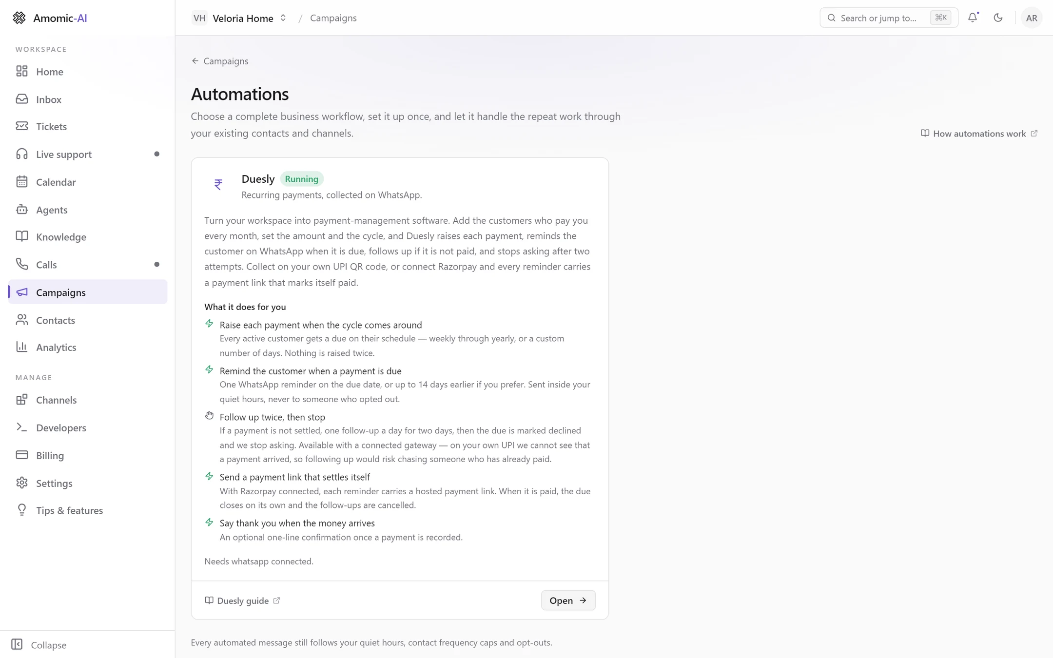 The Automations page listing Duesly as Running, with what it does for you and Needs whatsapp connected