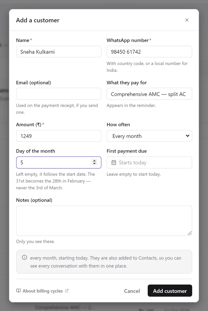 The Add a customer dialog filled in for Sneha Kulkarni, ₹1,249 every month on the 5th