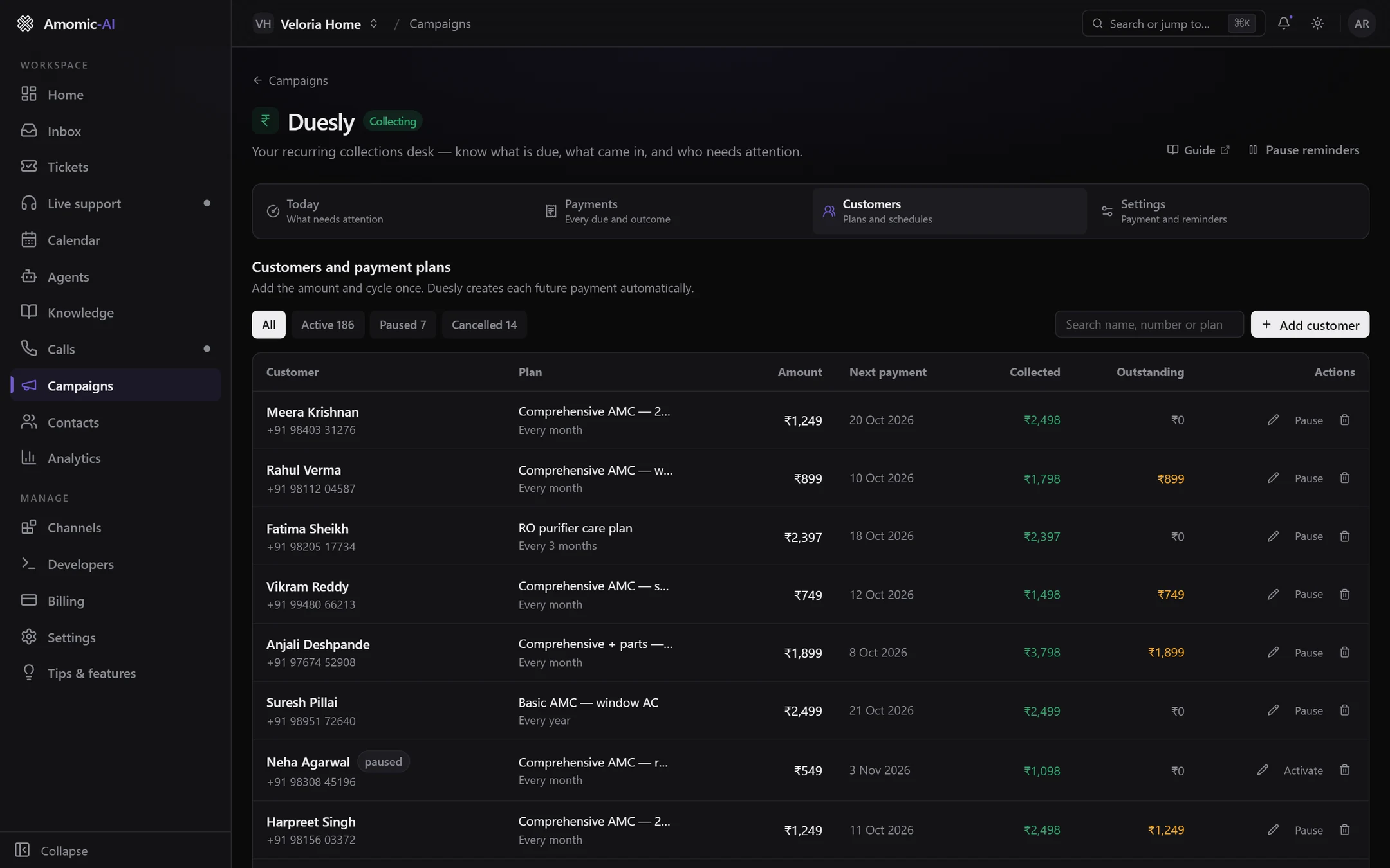 Duesly Customers: plans, amounts, next payment, collected and outstanding, with Add customer