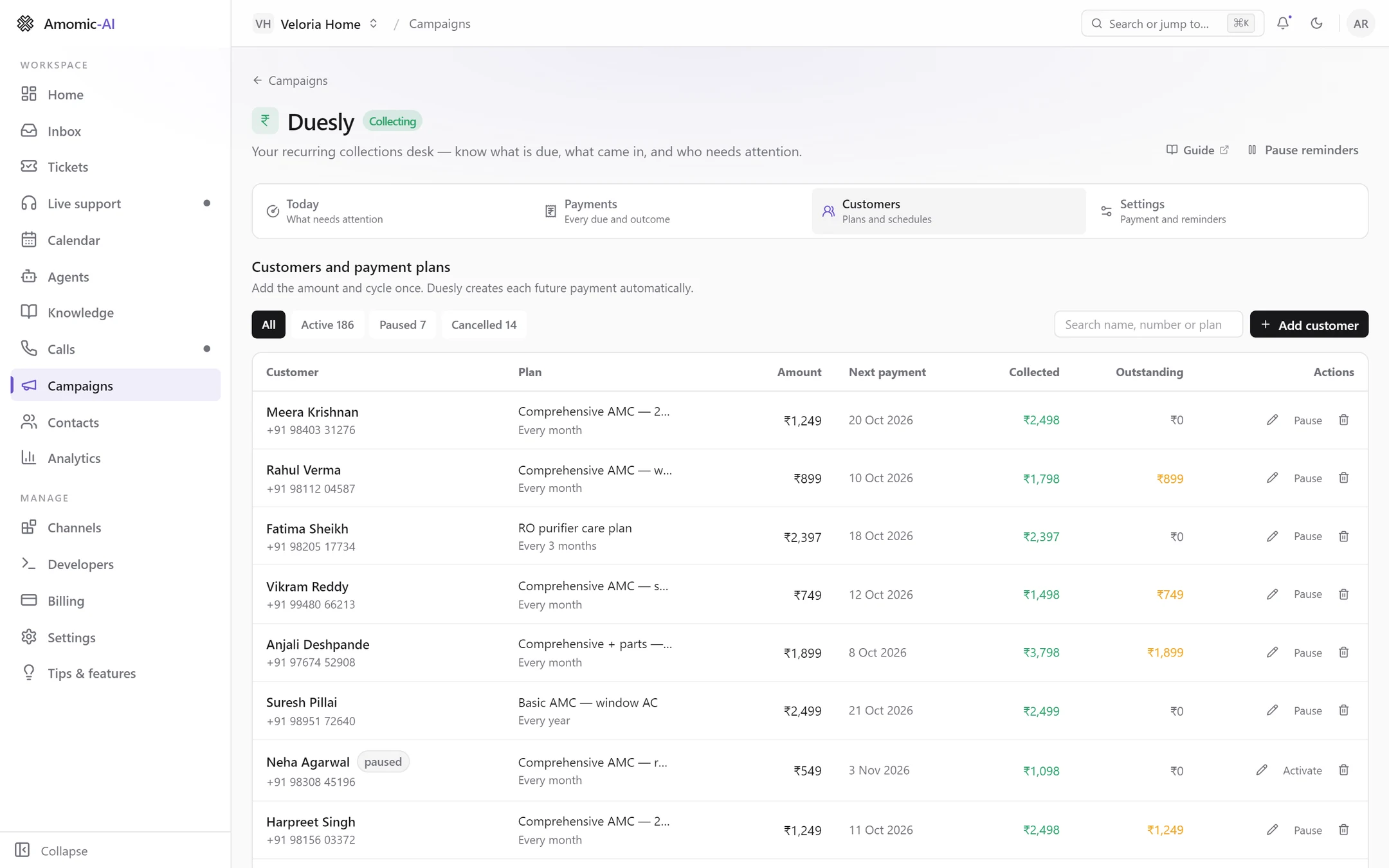Duesly Customers: plans, amounts, next payment, collected and outstanding, with Add customer