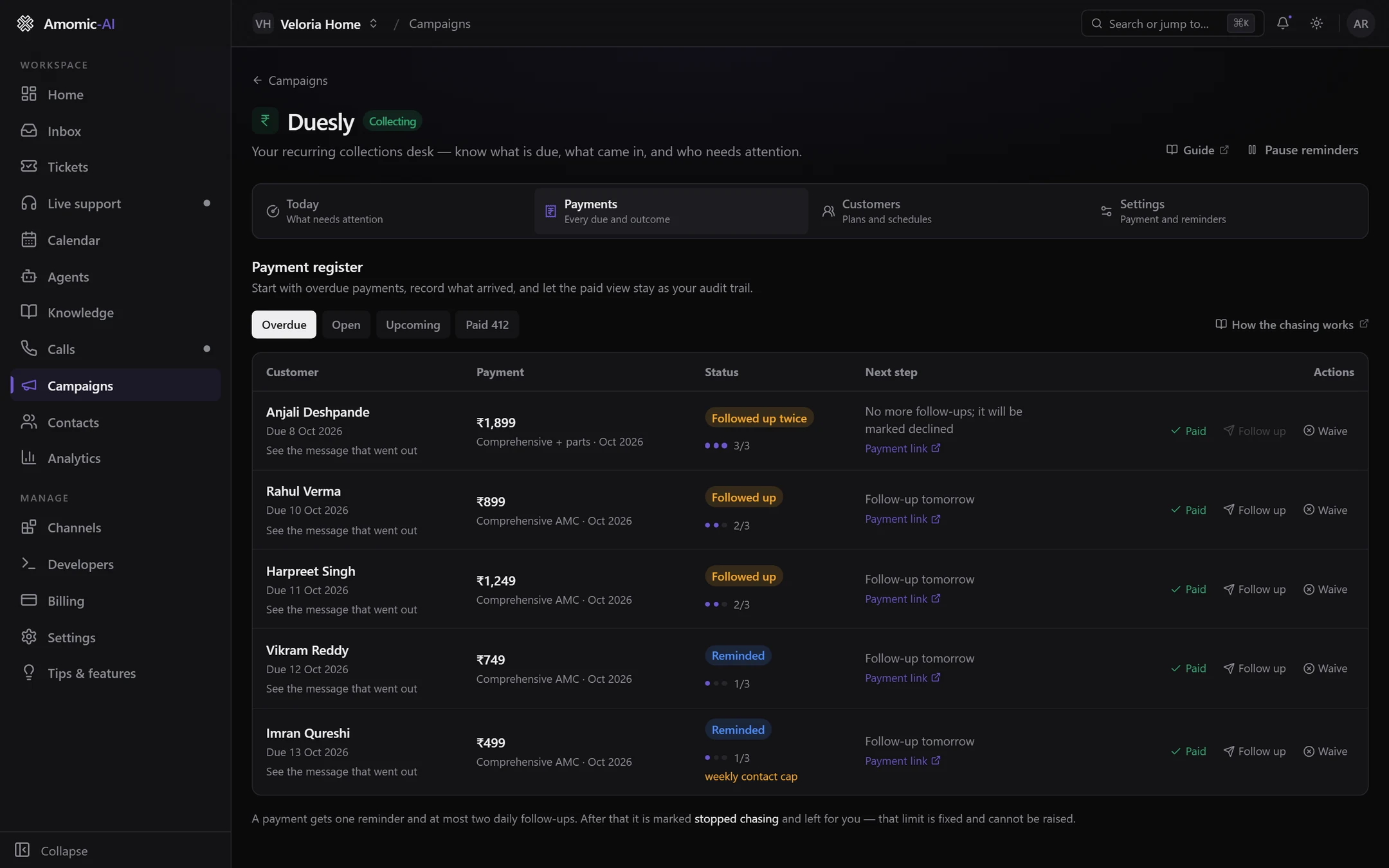 The Duesly payment register on the Overdue view, with statuses, the 3-dot chase indicator, next step, payment links and Paid, Follow up and Waive