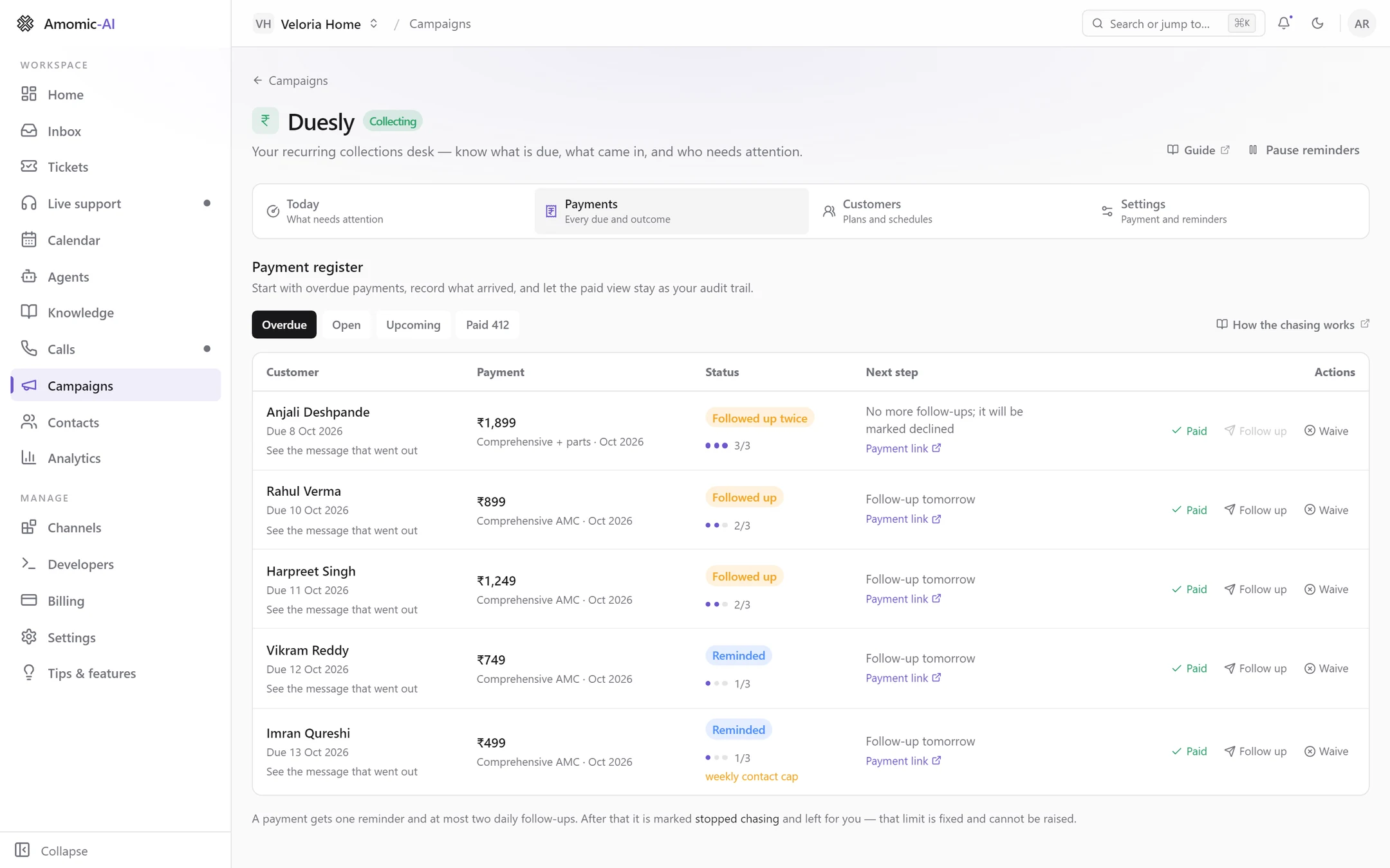 The Duesly payment register on the Overdue view, with statuses, the 3-dot chase indicator, next step, payment links and Paid, Follow up and Waive
