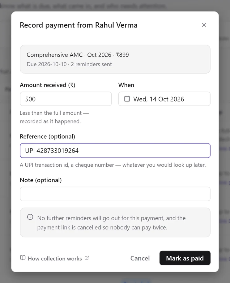 Record payment from Rahul Verma: ₹500 received against ₹899, today's date and a UPI reference