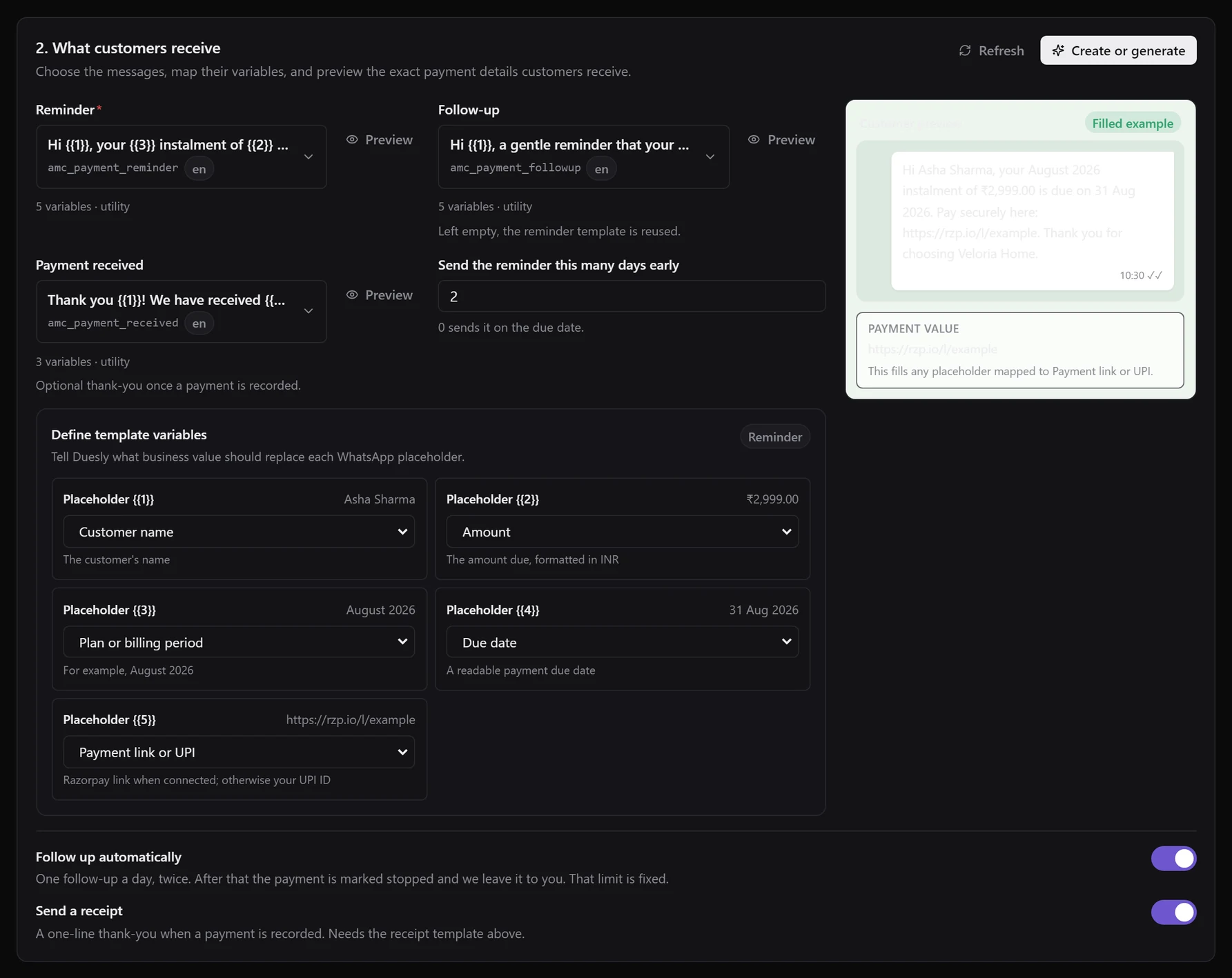 What customers receive: Reminder, Follow-up and Payment received templates, days early, Define template variables, the customer preview, and the follow-up and receipt switches