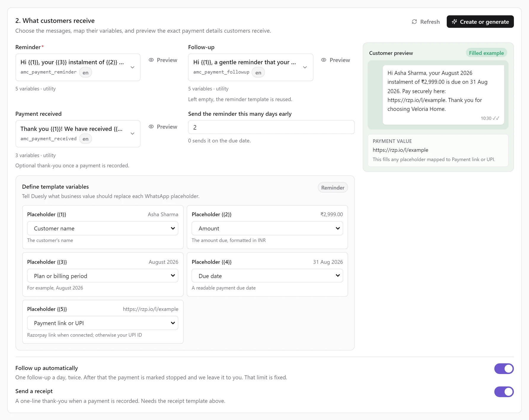 What customers receive: Reminder, Follow-up and Payment received templates, days early, Define template variables, the customer preview, and the follow-up and receipt switches