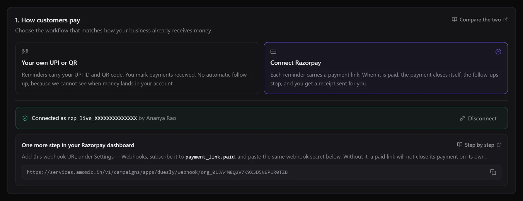 Razorpay connected: Connected as rzp_live_…, Disconnect, and the webhook URL to add in the Razorpay dashboard
