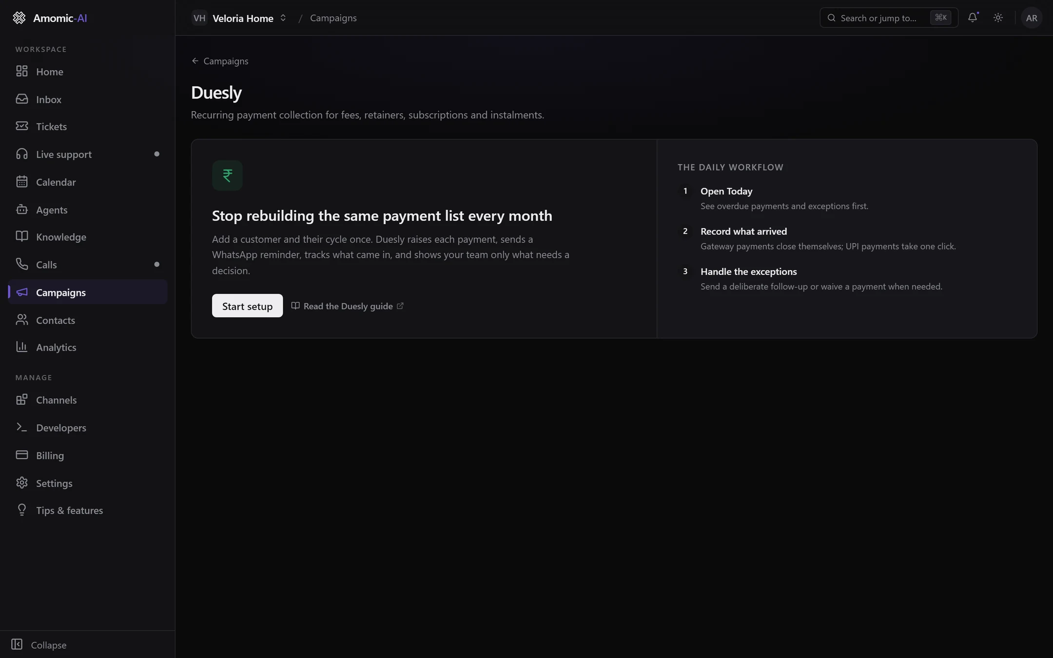 Duesly before it is installed: Stop rebuilding the same payment list every month, Start setup, and the daily workflow
