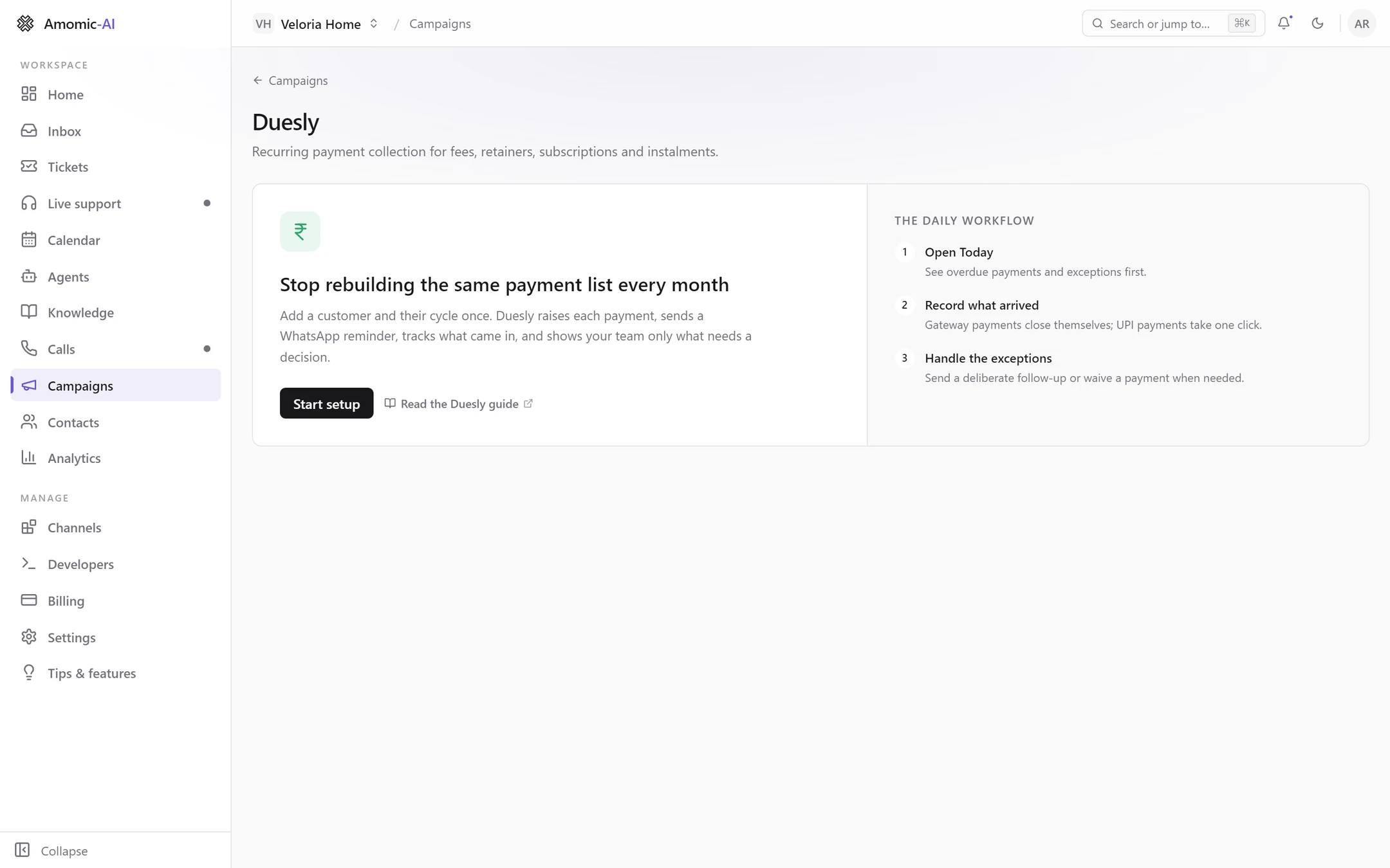 Duesly before it is installed: Stop rebuilding the same payment list every month, Start setup, and the daily workflow