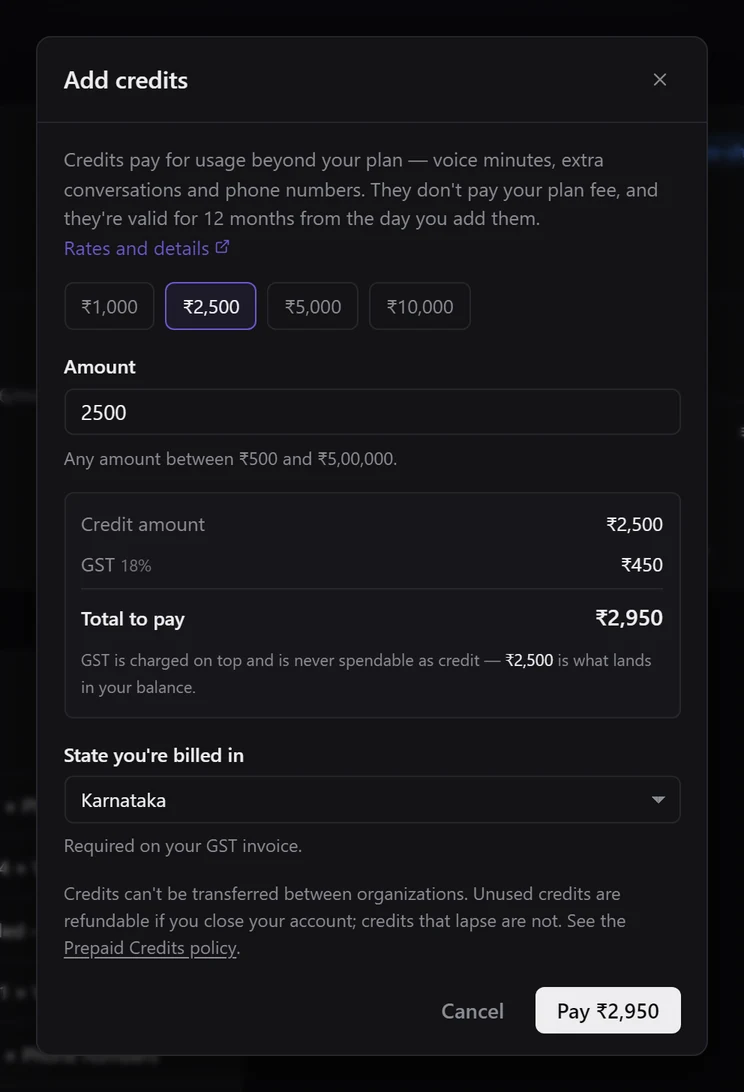 The Add credits dialog: ₹2,500 preset selected, Credit amount ₹2,500, GST ₹450, Total to pay ₹2,950, State you're billed in Karnataka, and a Pay ₹2,950 button