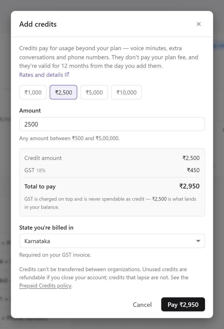 The Add credits dialog: ₹2,500 preset selected, Credit amount ₹2,500, GST ₹450, Total to pay ₹2,950, State you're billed in Karnataka, and a Pay ₹2,950 button