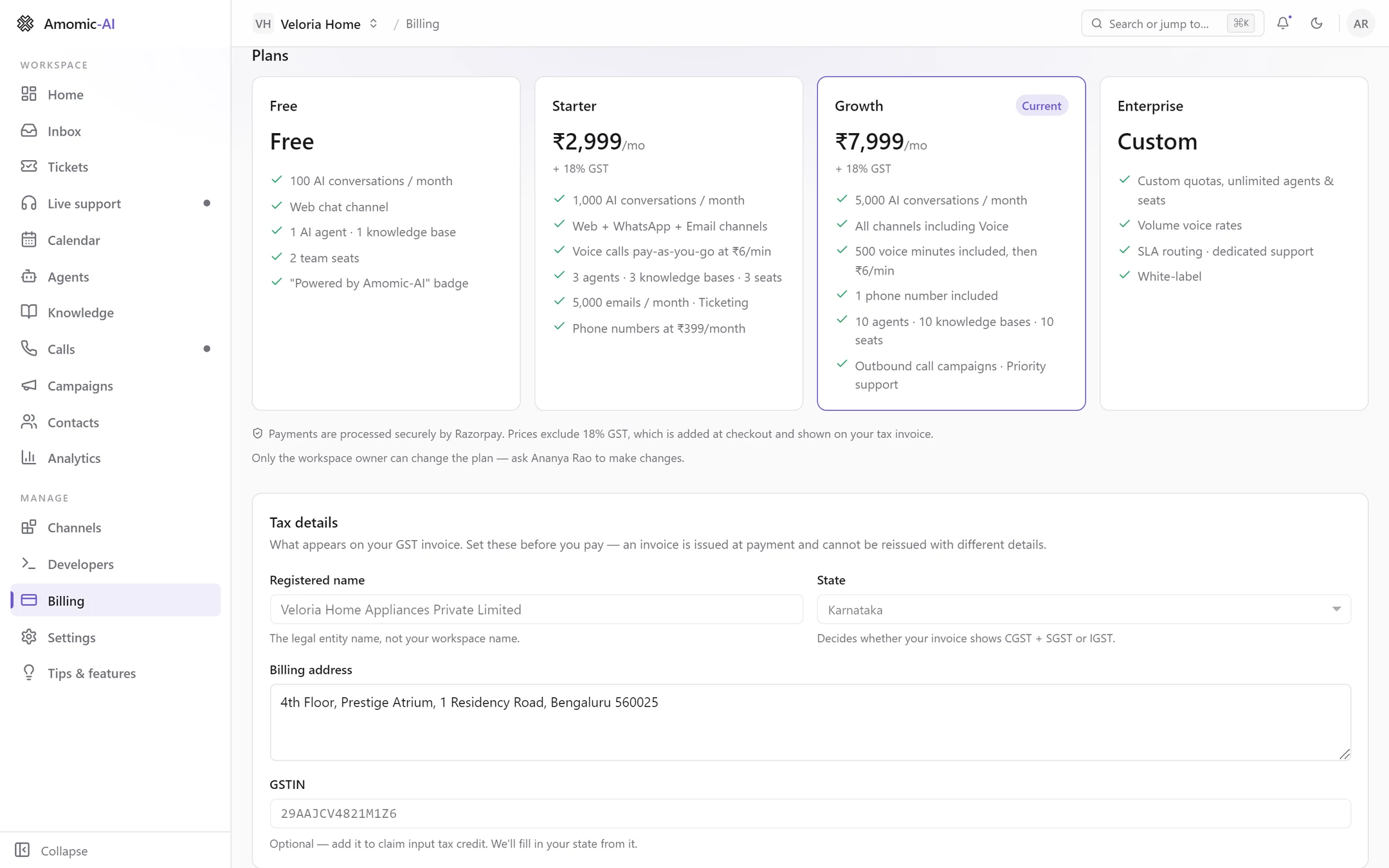 Billing as an admin: the plans grid has no buttons, a line names the owner, and Tax details fields are greyed out