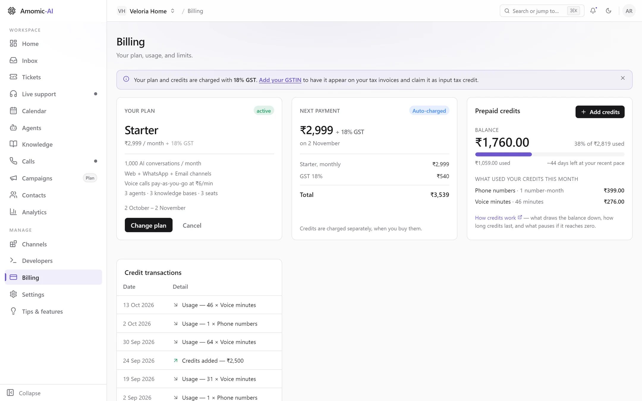 Billing for a Starter workspace with the GSTIN bar at the top: Add your GSTIN to have it appear on your tax invoices