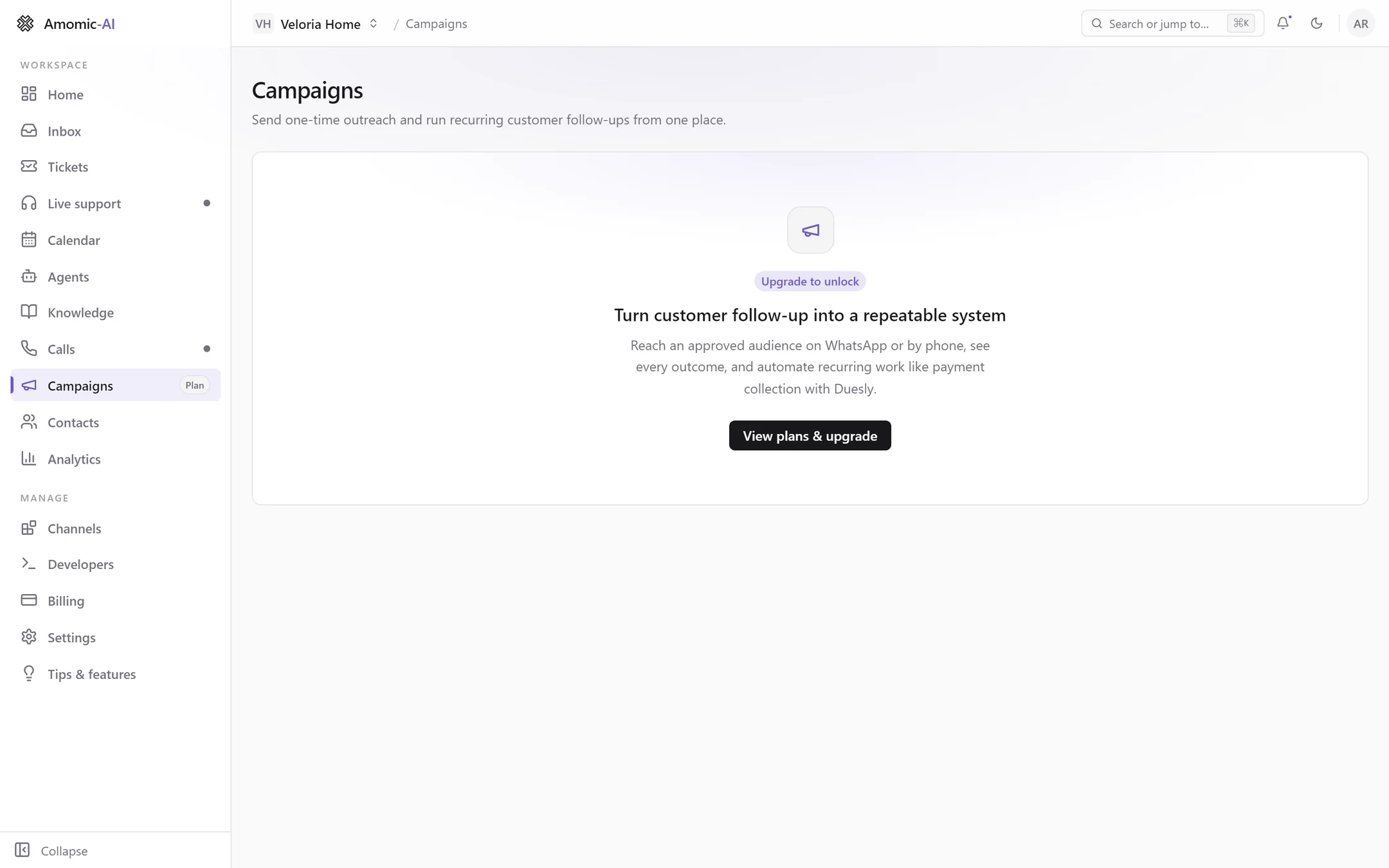 Campaigns on a Starter workspace: an Upgrade to unlock badge and a View plans & upgrade button, with a Plan chip beside Campaigns in the sidebar
