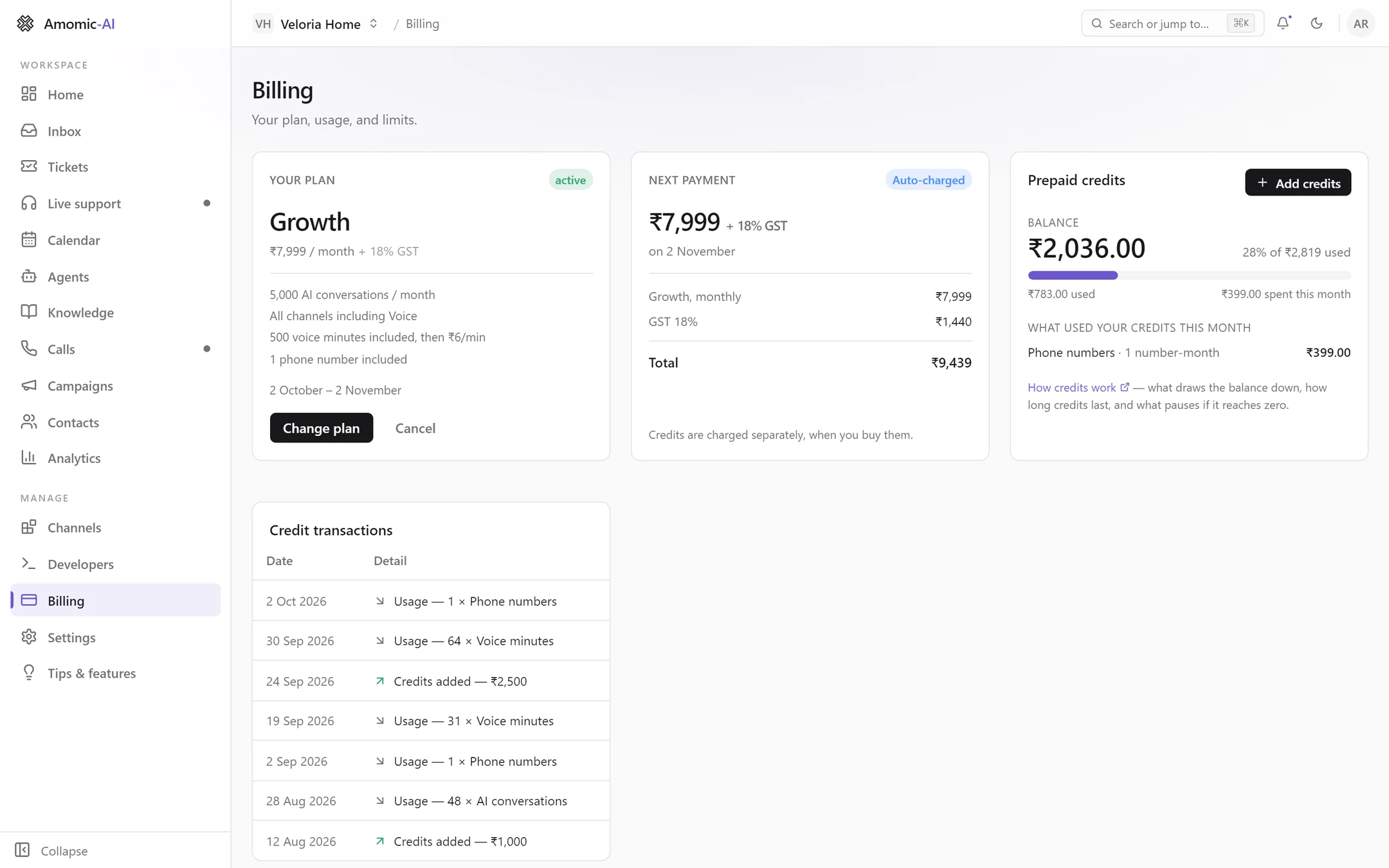 The Billing page for a Growth workspace: Your plan, Next payment and Prepaid credits cards, with Credit transactions below