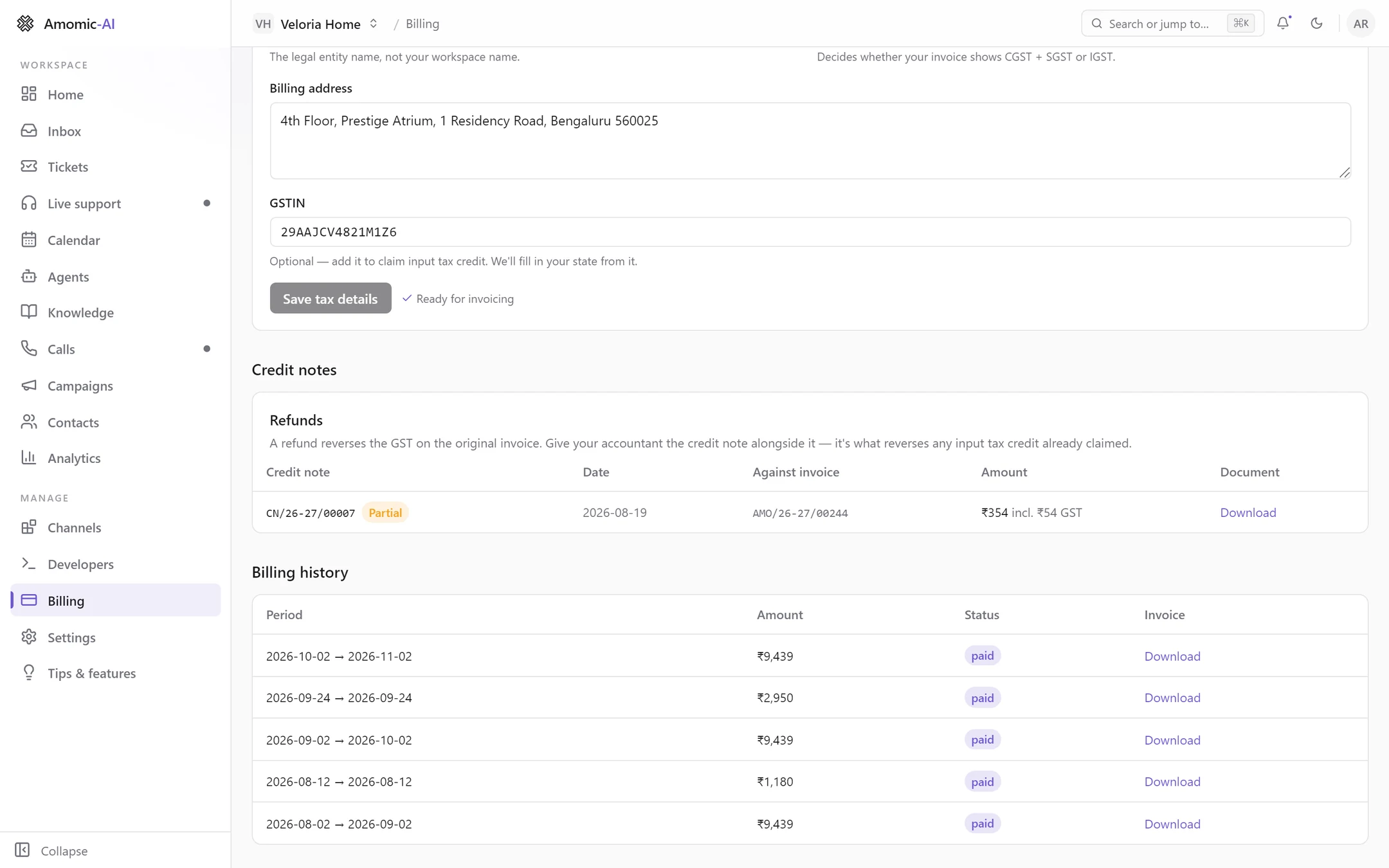 Tax details marked Ready for invoicing, a Credit notes table with one partial refund, and Billing history with five paid invoices