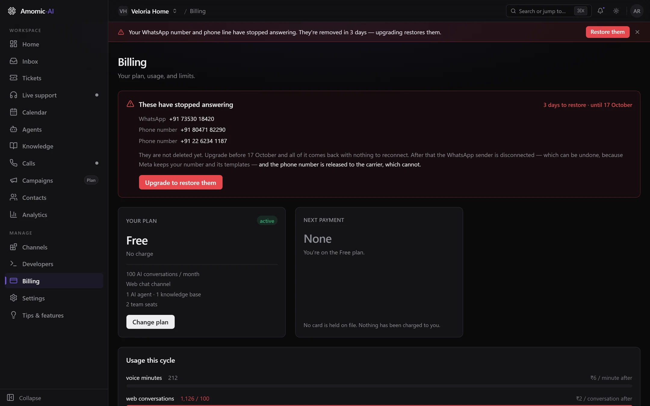Billing on Free with a red card: These have stopped answering, listing a WhatsApp number and two phone numbers, 3 days to restore, until 17 October