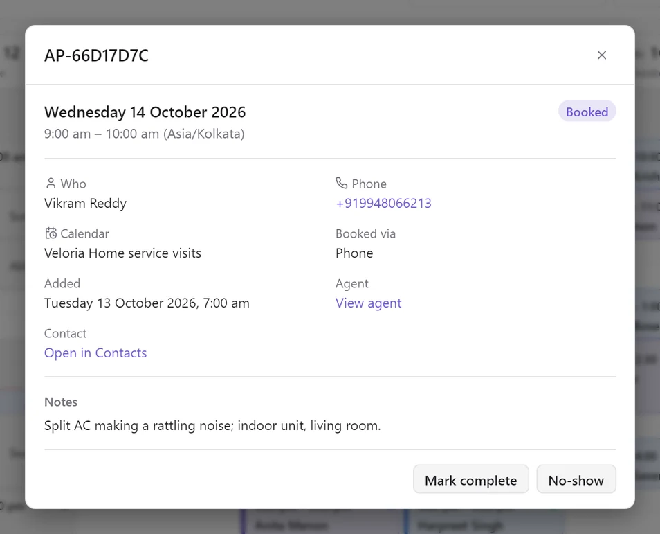 A 9:00 am appointment for Vikram Reddy that has ended, still Booked, with Mark complete and No-show buttons