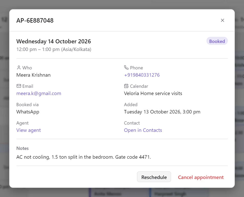 An upcoming appointment for Meera Krishnan: Wednesday 14 October 2026, 12:00 pm to 1:00 pm, booked via WhatsApp, with Reschedule and Cancel appointment buttons