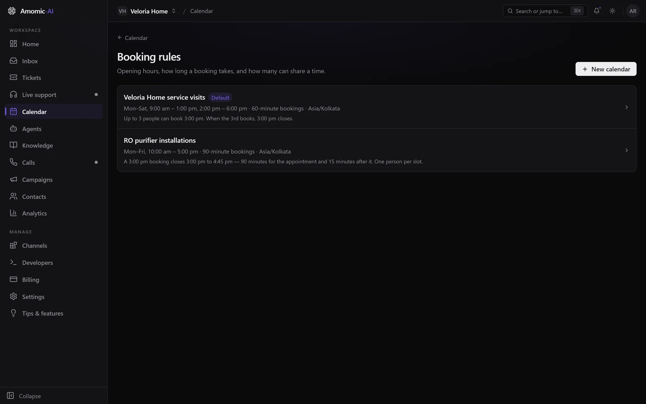 Booking rules listing two calendars: Veloria Home service visits (Default, Mon–Sat in two stretches, 60-minute bookings) and RO purifier installations (Mon–Fri, 90-minute bookings)