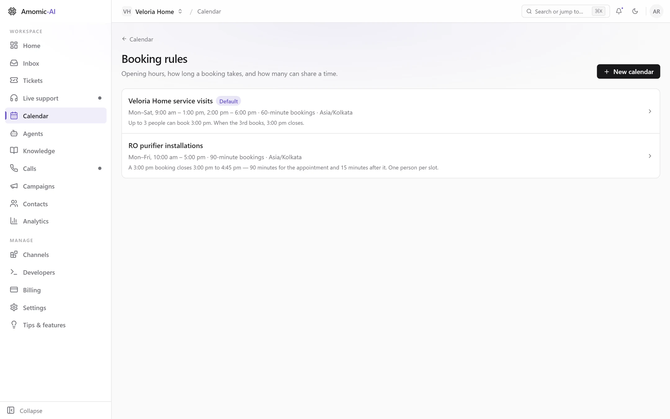 Booking rules listing two calendars: Veloria Home service visits (Default, Mon–Sat in two stretches, 60-minute bookings) and RO purifier installations (Mon–Fri, 90-minute bookings)