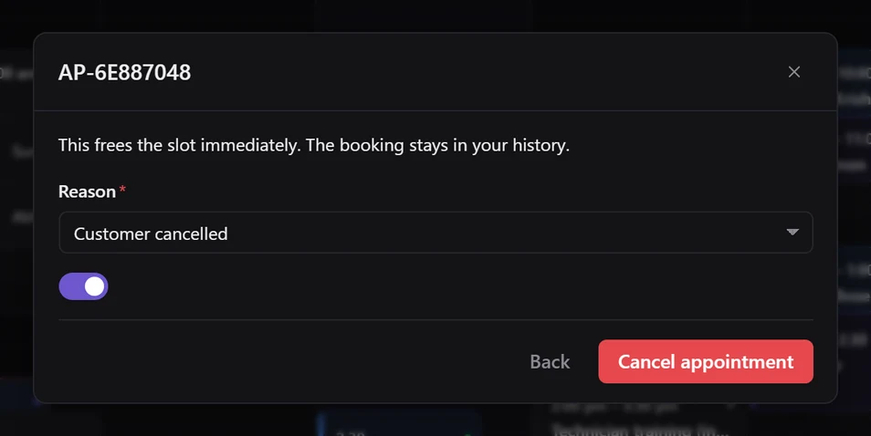 The cancel form with Reason set to Customer cancelled and a Cancel appointment button