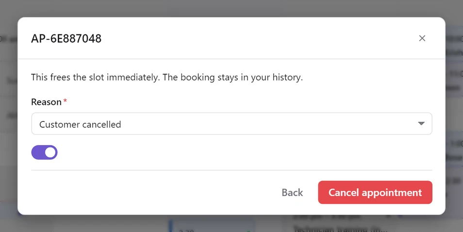 The cancel form with Reason set to Customer cancelled and a Cancel appointment button