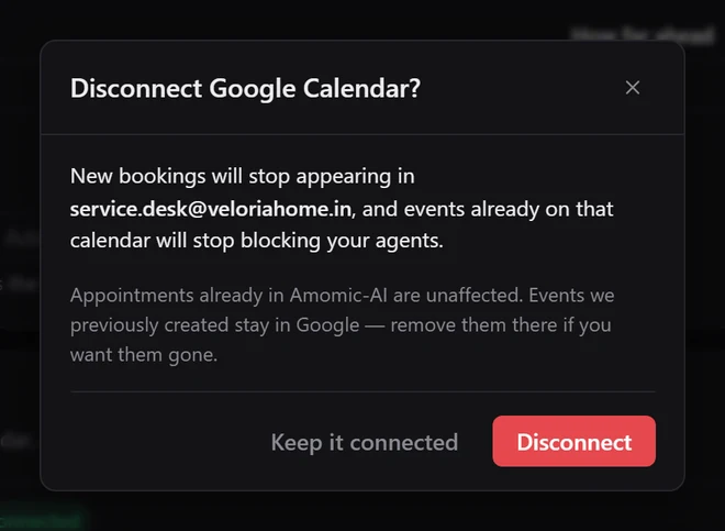 The Disconnect Google Calendar? confirmation naming service.desk@veloriahome.in, with Keep it connected and Disconnect buttons