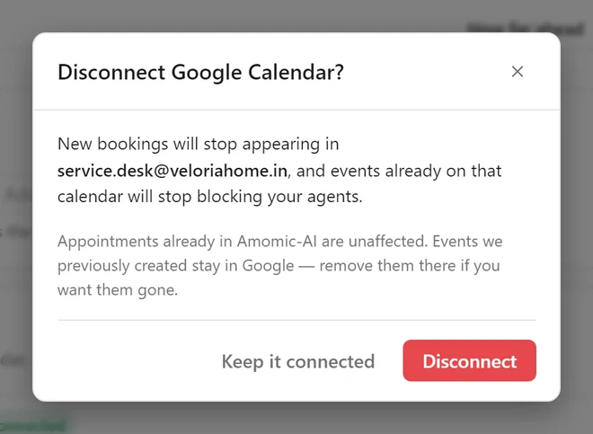 The Disconnect Google Calendar? confirmation naming service.desk@veloriahome.in, with Keep it connected and Disconnect buttons