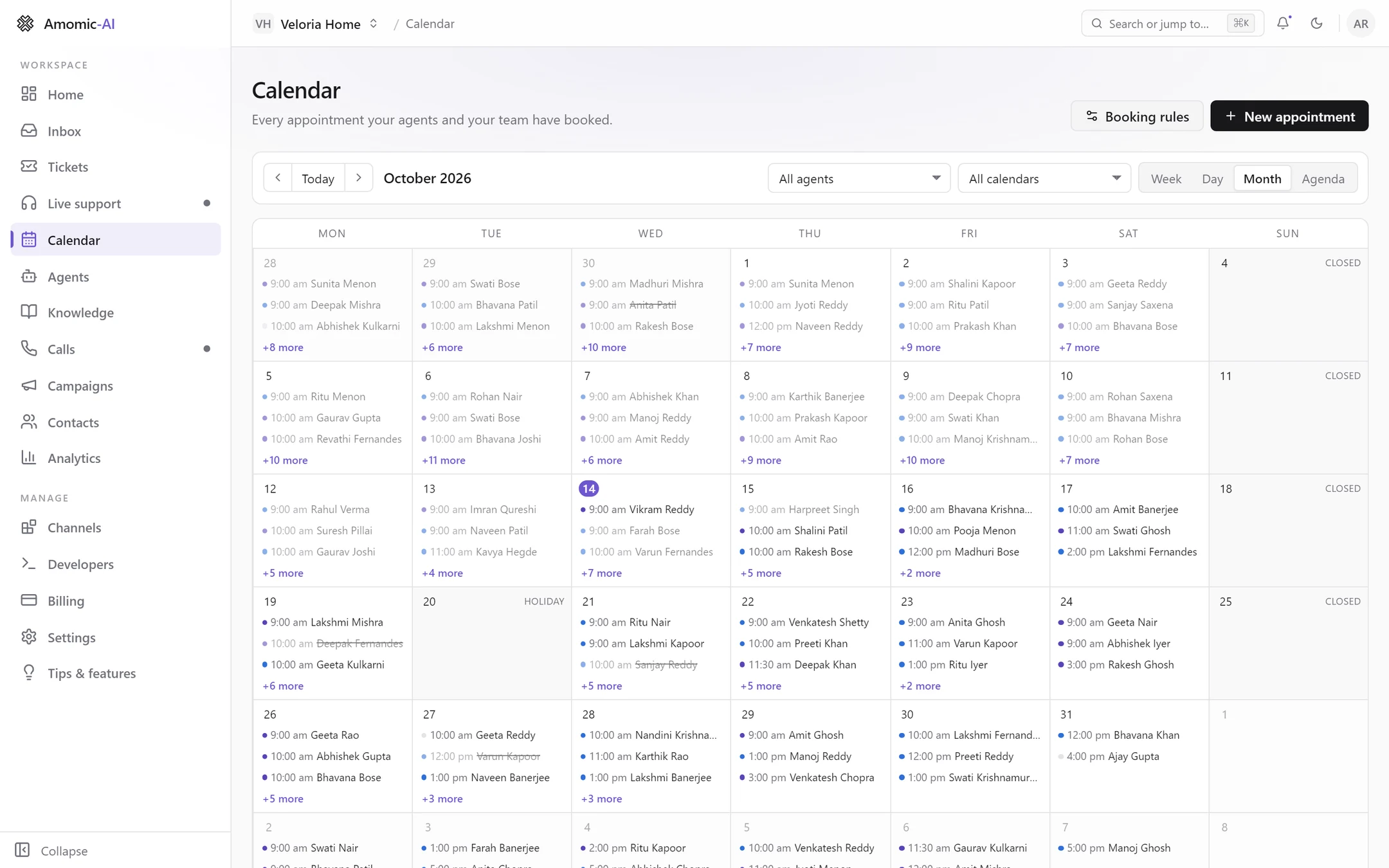 Month view of October 2026 with three bookings per day, +N more links, Sundays marked Closed and 20 October marked Holiday