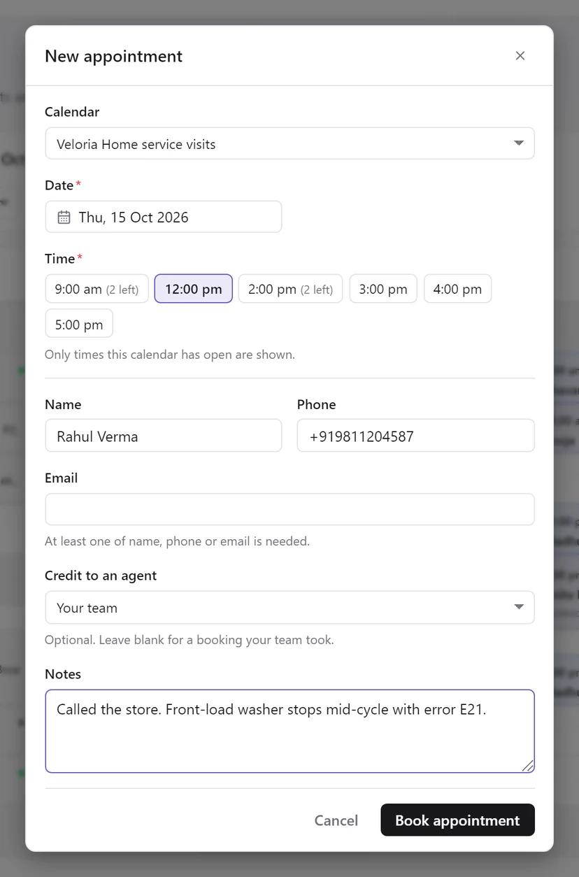 The New appointment form for Thursday 15 October with 12:00 pm selected, Rahul Verma's name and phone filled in, Credit to an agent set to Your team, and a note about a washer error