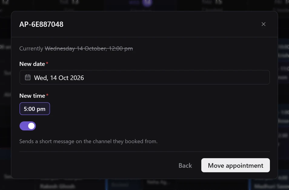 The Reschedule form: Currently Wednesday 14 October, 12:00 pm struck through, a New date field, the 5:00 pm slot selected, and a Move appointment button