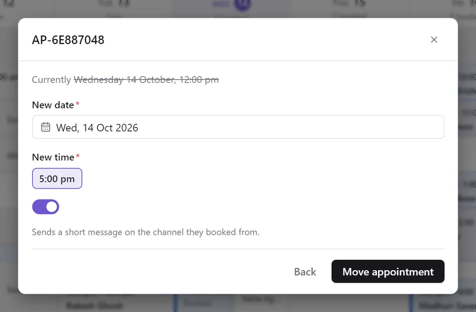 The Reschedule form: Currently Wednesday 14 October, 12:00 pm struck through, a New date field, the 5:00 pm slot selected, and a Move appointment button