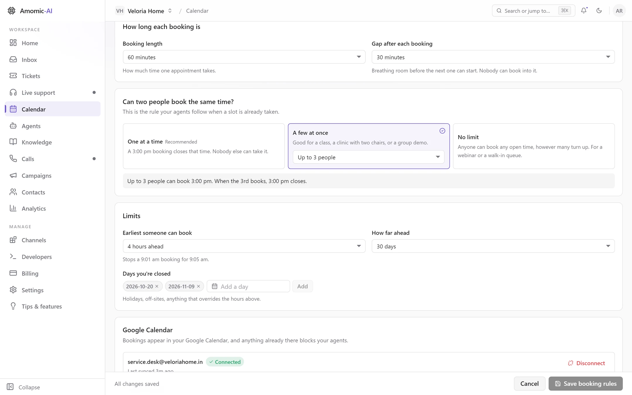 Booking length 60 minutes, Gap after each booking 30 minutes, and A few at once selected with Up to 3 people