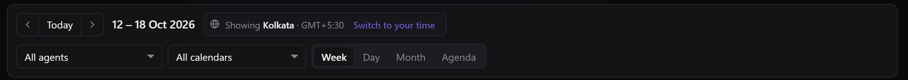 The Calendar toolbar with the chip Showing Kolkata · GMT+5:30 and a Switch to your time link